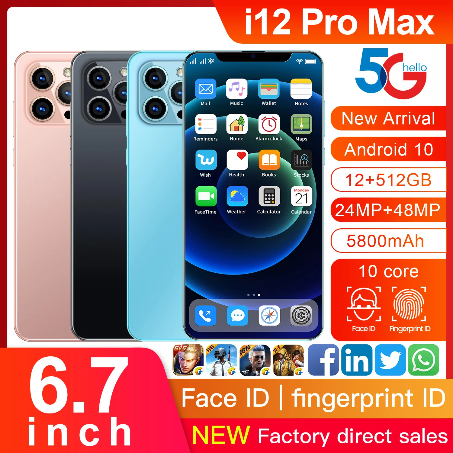 Celular I12 Pro Max 5G 5800mAh Global Version12GB 512GB Smartphone 6.7 Inch 10 Core Android Cellphone Mobile Phone Unlock 4G | Мобильные