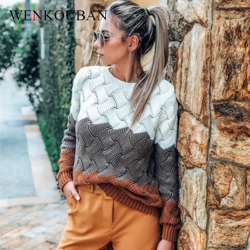 Women Winter Knitted Pullover Long Sleeve Crewneck Sweater Ladies Thin Patchwork Vintage Sweaters Pull Femme Nouveaute 2019
Women Winter Knitted Pullover Long Sleeve Crewneck Sweater Ladies Thin Patchwork Vintage Sweaters Pull Femme Nouveaute 2019