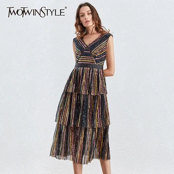 TWOTWINSTYLE Patchwork Sequin Striped Dress For Women V Neck Sleeveless Sexy Party Dresses Female 2020 Autumn Fashion New
TWOTWINSTYLE Patchwork Sequin Striped Dress For Women V Neck Sleeveless Sexy Party Dresses Female 2020 Autumn Fashion New