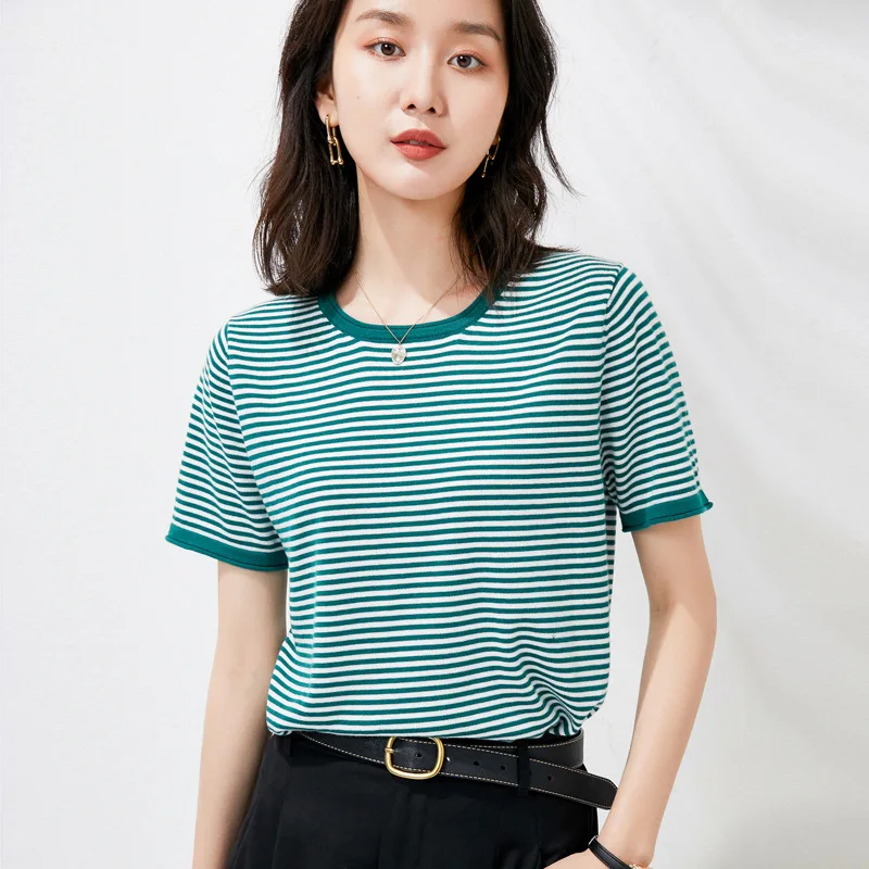 

Classic Green Striped Ice Silk Tees Contrast Color O Neck Short Sleeve Women T-Shirts Thin Soft Elegant Basic Tops Summer 2021