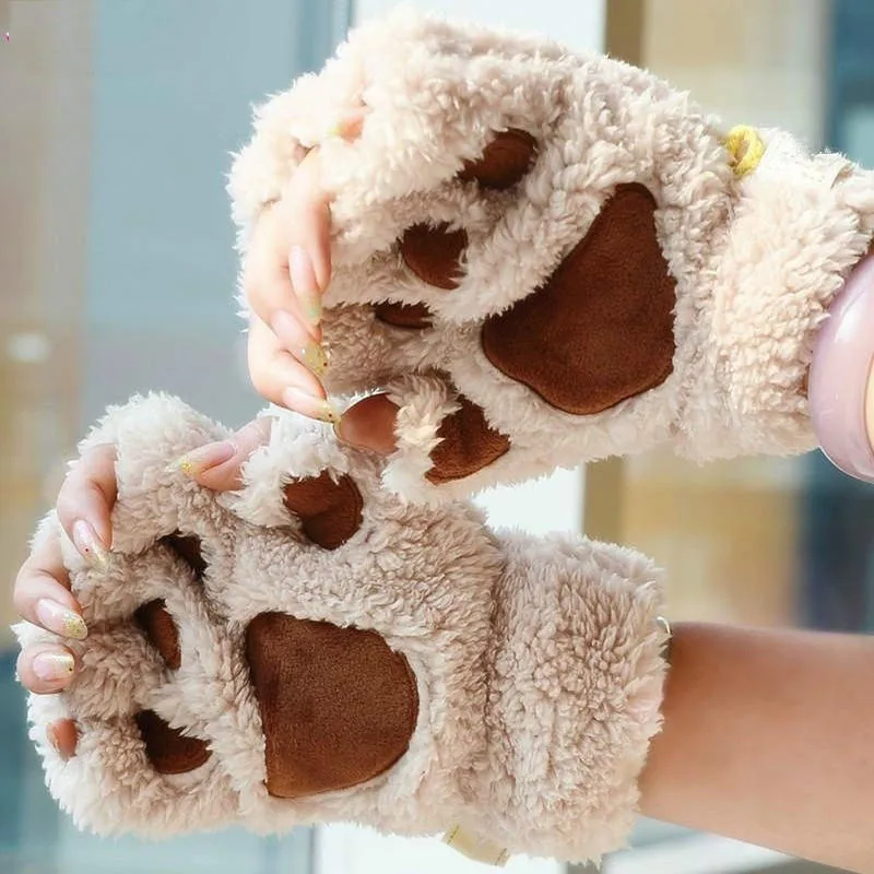 Lovely Fingerless Gloves Women Cat Claw Paw Plush Winter Female Cute Warm Soft Fluffy Mitten Half Finger | Аксессуары для одежды