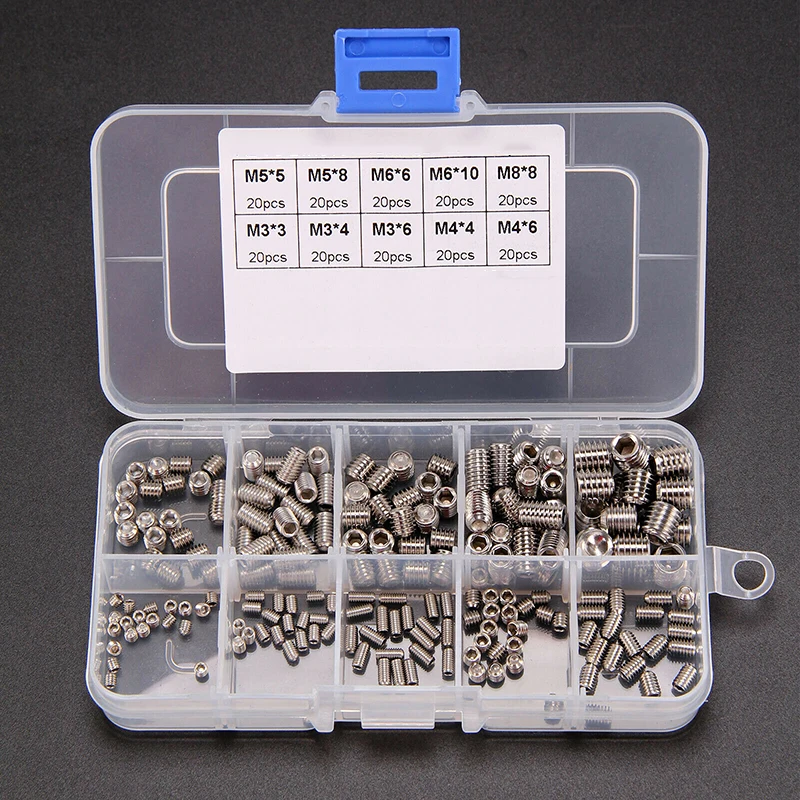 200pcs Stainless Steel Allen Head Socket Hex Set Grub Screw Assortment Cup Point