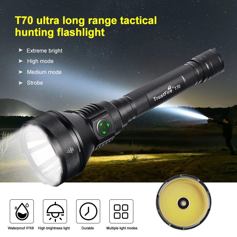 Trustfire T70 Powerful LED Flashlight 2300lm 15W LED Torch Ultra Waterproof Rechargeable Hunting Lantern Tactical light
Trustfire T70 Powerful LED Flashlight 2300lm 15W LED Torch Ultra Waterproof Rechargeable Hunting Lantern Tactical light