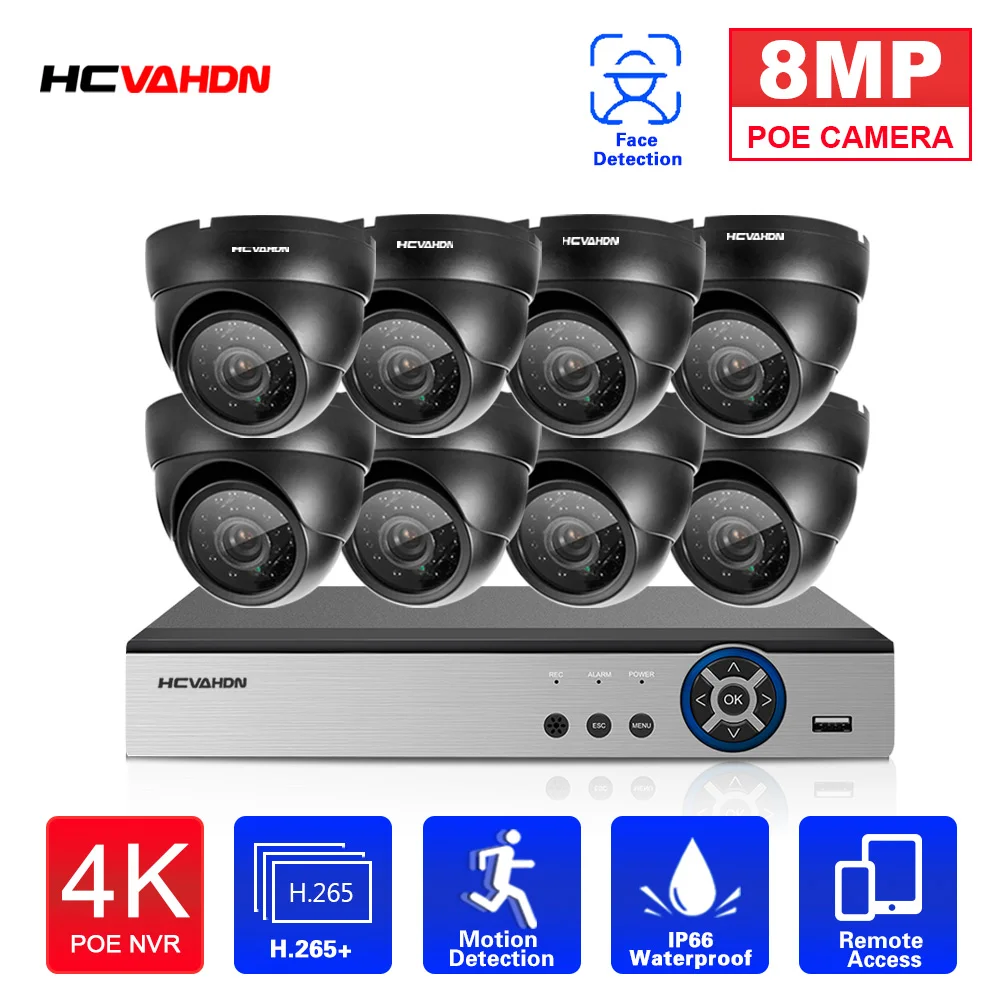 HCVAHDN 8MP IP Dome Face Detection Video Surveillance Camera System Kit H.265 CCTV Audio Security 4k NVR | Безопасность и защита