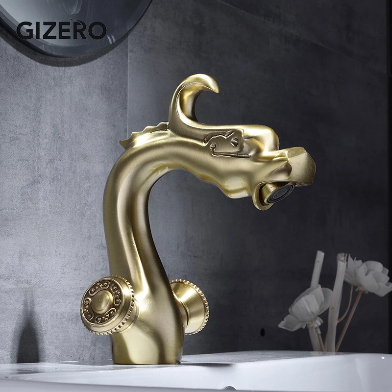 Solid Brass Sink Faucet Brushed Golden Dragon Style Dual Handle Elegant Washbasin Vessel Mixer Taps ZR510 | Обустройство дома