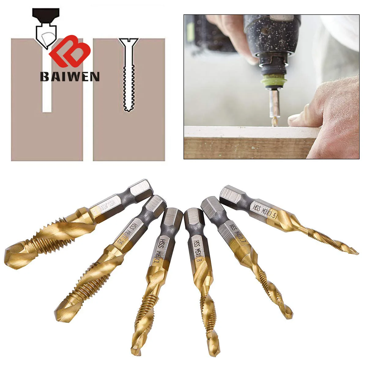 6Pcs Sets Tap Drill Bits 1/4" Hex Shank Titanium Plating Composite Screw M3/M4/M5/M6/M8/M10 Wood Working Tools and Accessories
6Pcs Sets Tap Drill Bits 1/4" Hex Shank Titanium Plating Composite Screw M3/M4/M5/M6/M8/M10 Wood Working Tools and Accessories