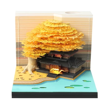 Omoshiroi 블록 3D 메모장 큐브 190 시트, 나무집 LED 메모 패드, 3D 달력 성 메모지, 크리스마스 새해 선물 2024
