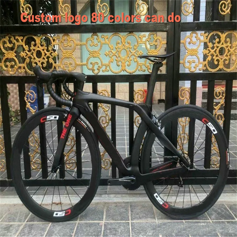 

Custom RB1K THE ONE Carbon Road Full Bike Red logo Glossy Road Full Bicycle with groupset 50mm Wheelset handlebar saddle