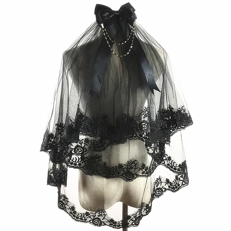 

Dark Gothic Lolita Retro Lace Bride Black Veil Hair Accessories Halloween Cos Loli Mesh Headdress