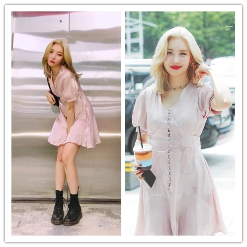 

Kpop Korean Celebrity Girls Style High Waist Slim V-neck Mini Dress Women Streetwear Fashion Short-Sleeved Smooth Satin Dresses