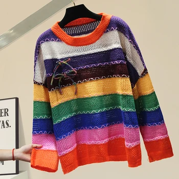 Rainbow Sweater Woman Long Sleeved Pullover 2020 Autumn New Style Loose Knit Top Bow Jumpers Striped Oversized Sweaters
Rainbow Sweater Woman Long Sleeved Pullover 2020 Autumn New Style Loose Knit Top Bow Jumpers Striped Oversized Sweaters