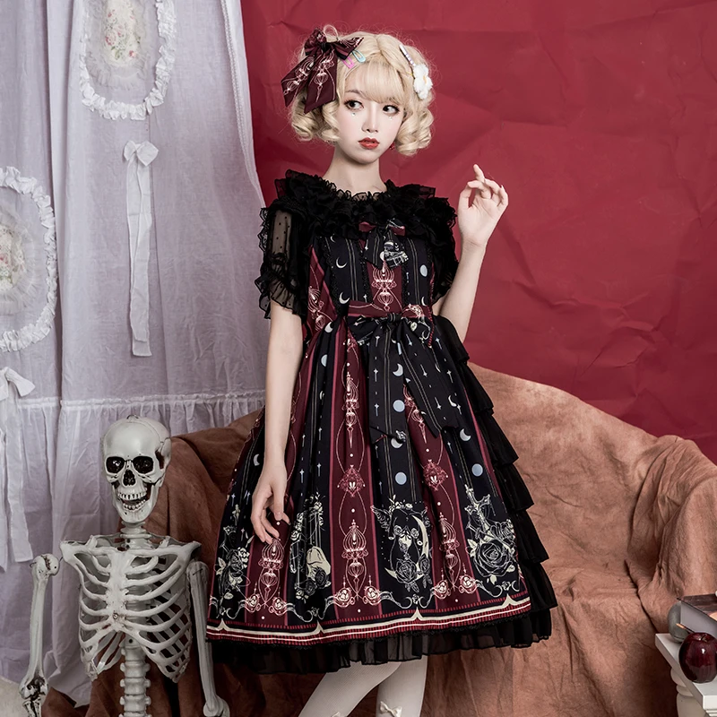 

Gothic vintage sweet lolita dress palace lace bowknot high waist printing victorian dress kawaii girl gothic lolita jsk loli cos