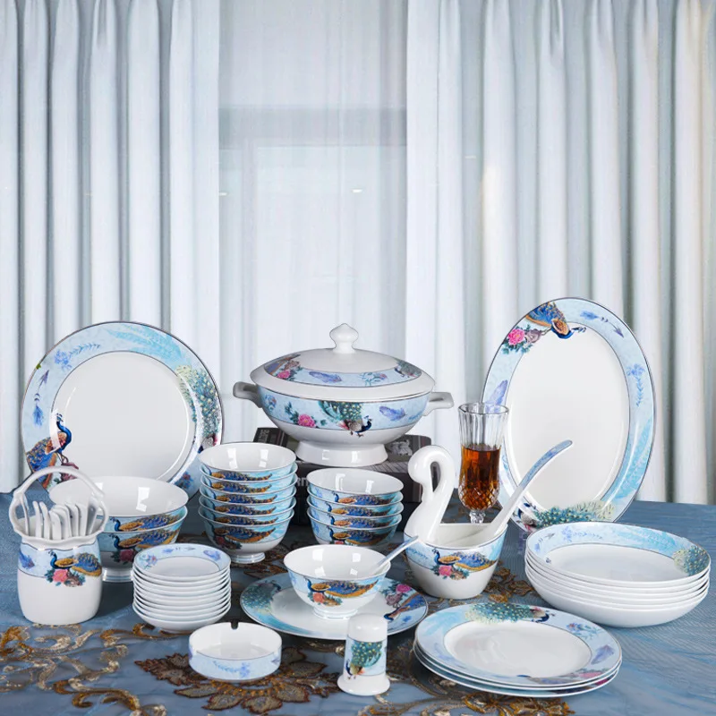 Jingdezhen Ceramic Tableware Set, Chinese Household Dishes, Peacock Bone China, Gift
Jingdezhen Ceramic Tableware Set, Chinese Household Dishes, Peacock Bone China, Gift