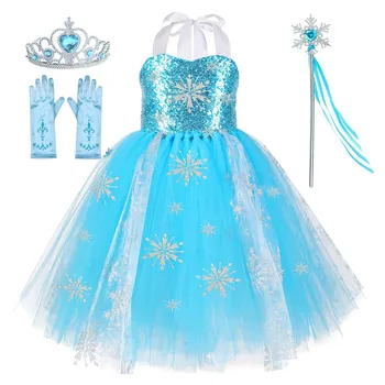 

Kids Princess Froze Elsa Dress Girls Sparkle Snowflake Disfraz Froze 2 Blue Snowman Dress Girl Birthday Party Clothes with Crown
