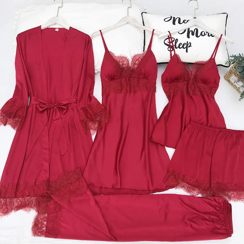 

Женский комплект из 5 предметов, сексуальный кружевной банный халат, ночная рубашка, женская ночная рубашка, свободная шелковая атласная Домашняя одежда, домашняя одежда