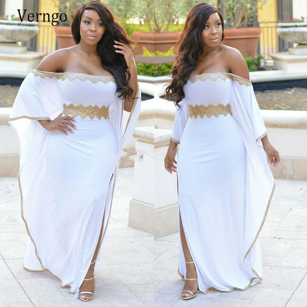 Verngo Kaftan White Formal Evening Dresses African Off The Shoulder With Gold Appliques Chiffon Pakistan Prom Gowns Plus Size
Verngo Kaftan White Formal Evening Dresses African Off The Shoulder With Gold Appliques Chiffon Pakistan Prom Gowns Plus Size