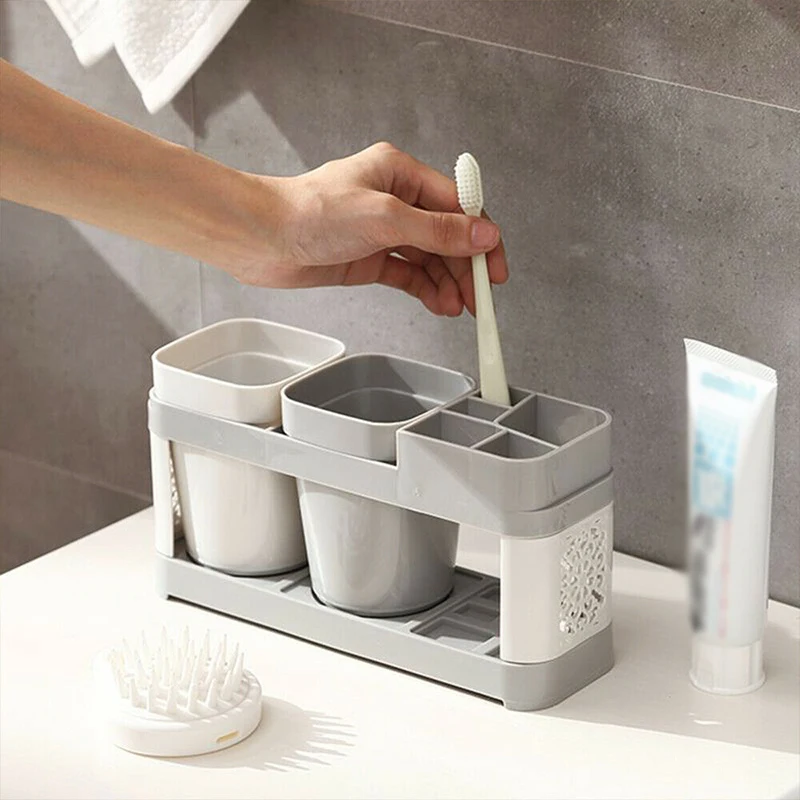 Toothbrush Holder Rack Stand Shelf Set Toothpaste Storage with 2 Mugs Bathroom |
