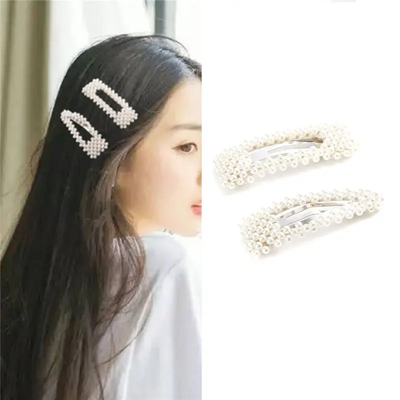 

1 Set ( 2 PCs/Set) New Hair Clips Silver Gold White Geometric Imitation Pearl Hair Accessories Women 7.6cm x 2.7cm 8.4cm x 1.2cm