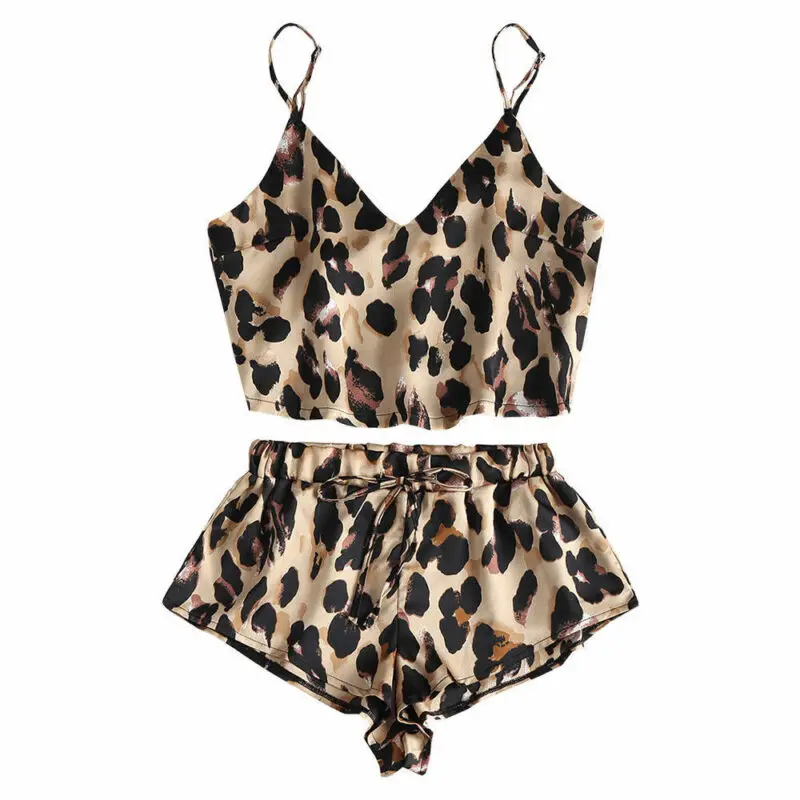 Пижамный комплект Женский атласный с леопардовым принтом пикантный топ на