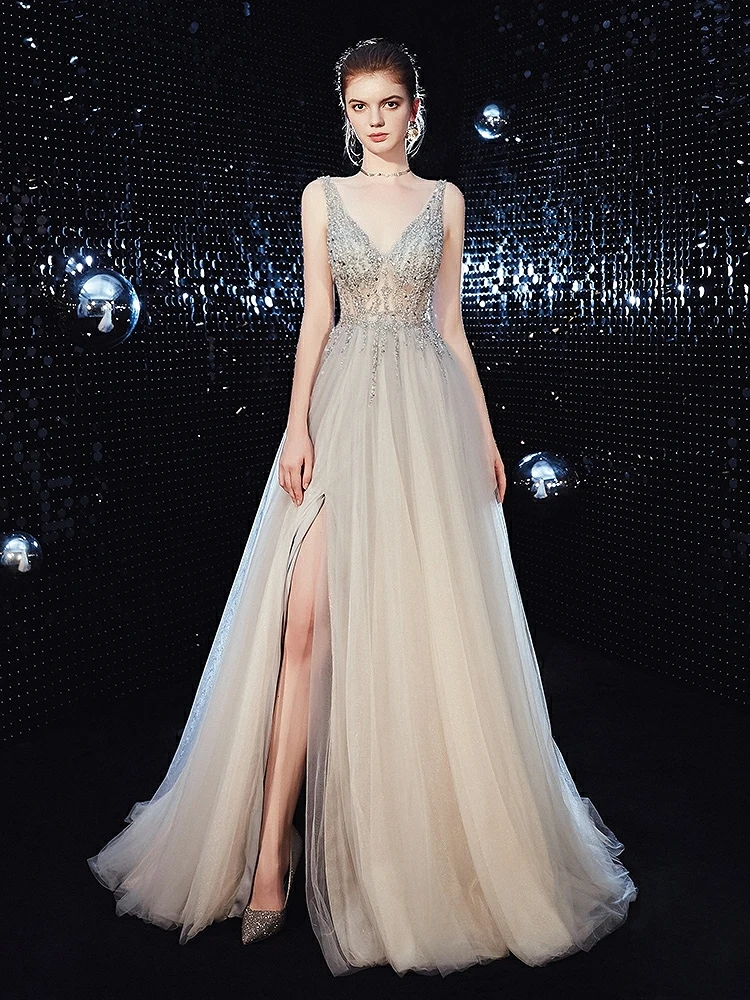 Grey Prom Dress A-line Beading Sequined Pleat High Split V-neck Straps Woman Wedding Guests Formal Party Cocktail Evening Gowns
Grey Prom Dress A-line Beading Sequined Pleat High Split V-neck Straps Woman Wedding Guests Formal Party Cocktail Evening Gowns