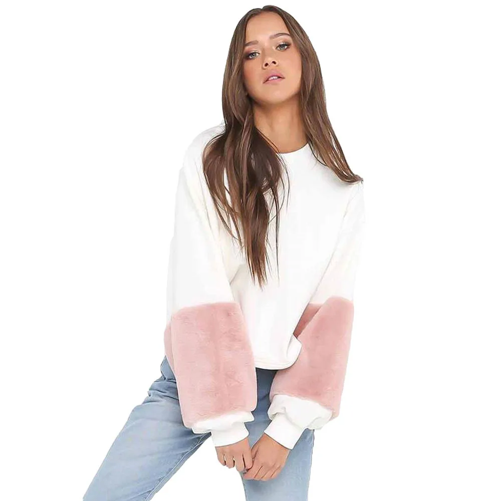 JAYCOSIN Fashion Women Casual Simple White Plush Sleeves Loose Sweatshirt European Comfortable Soft Pullover Top Blouse