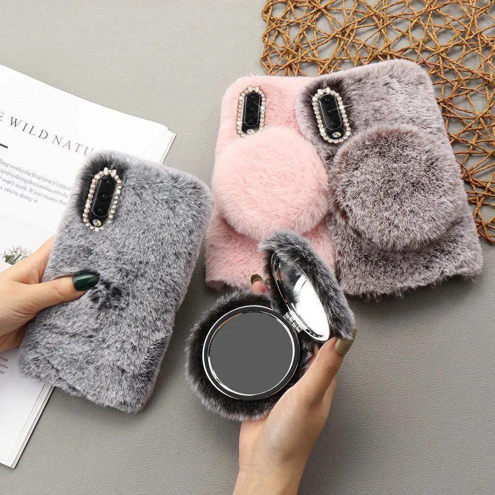 Cute Fluffy Warm Rabbit Fur Phone Case for Samsung S9 S8 10 Plus Bling Diamond Soft Mirror Cover Galaxy S7 Edge S10 | Мобильные