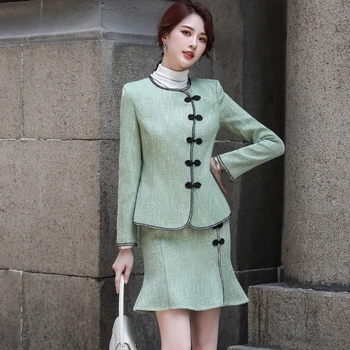 Ladies elegant skirt suits women green pink business work two pieces set Chinese style female skirt and long sleeve blazer 
Ladies elegant skirt suits women green pink business work two pieces set Chinese style female skirt and long sleeve blazer