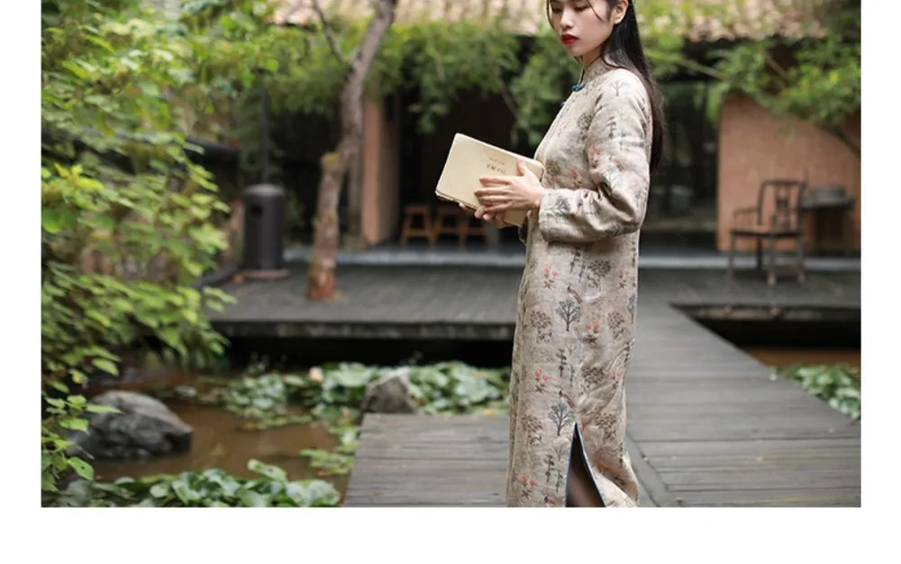 LZJN Long Sleeve Women Chinese Style Dress Stand Collar Vintage Cheongsam 2019 Winter Warm Fleece Qipao High Quality Dress (21)