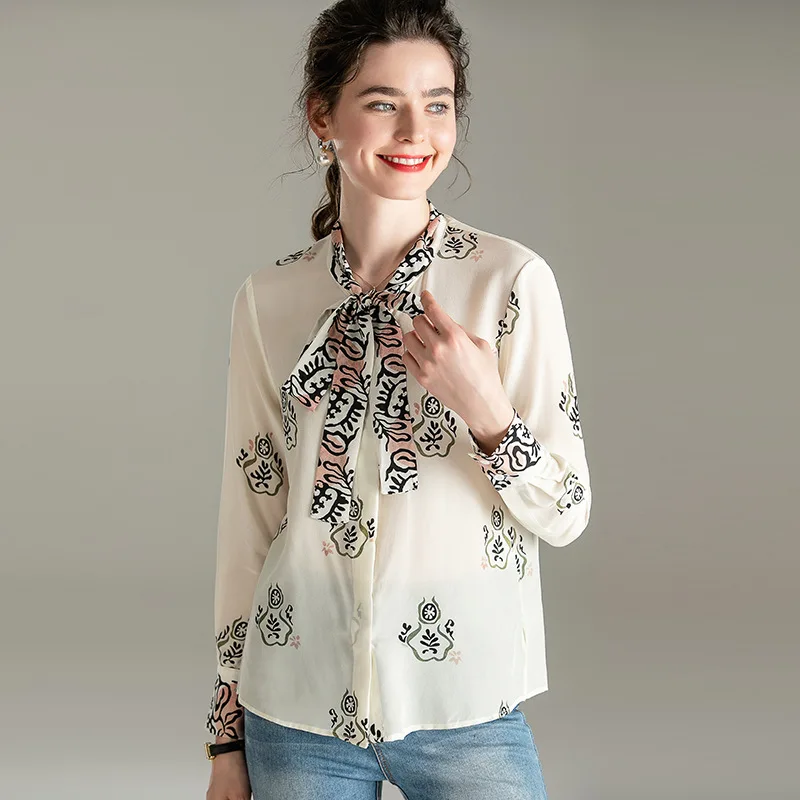 Spring 100% Pure Silk Blouses Women Loose Casual Long Sleeve Shirts Bow Print Ladies Tops Luxury Clothes Elegant Blouse Fashion
Spring 100% Pure Silk Blouses Women Loose Casual Long Sleeve Shirts Bow Print Ladies Tops Luxury Clothes Elegant Blouse Fashion