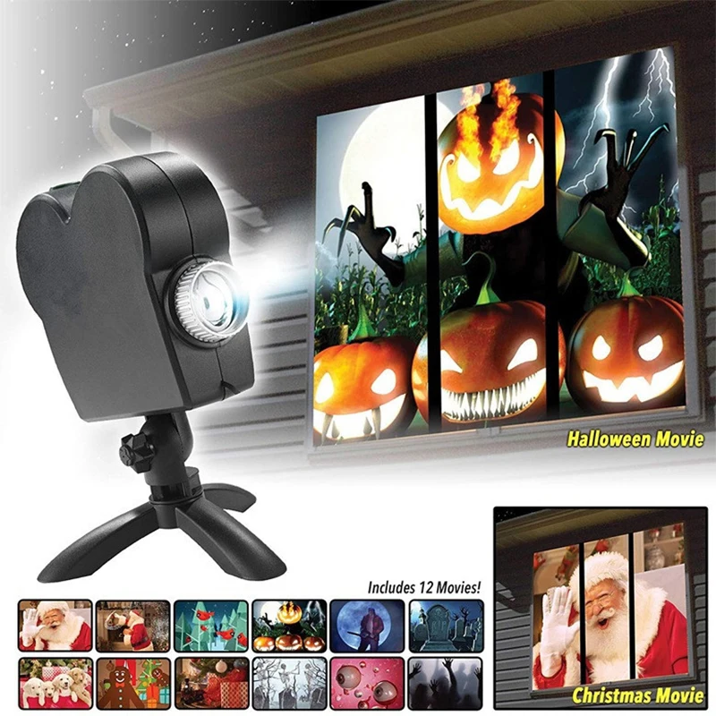 Рождественский лазерный проектор на Хэллоуин 12 фильмов светильник-проектор с