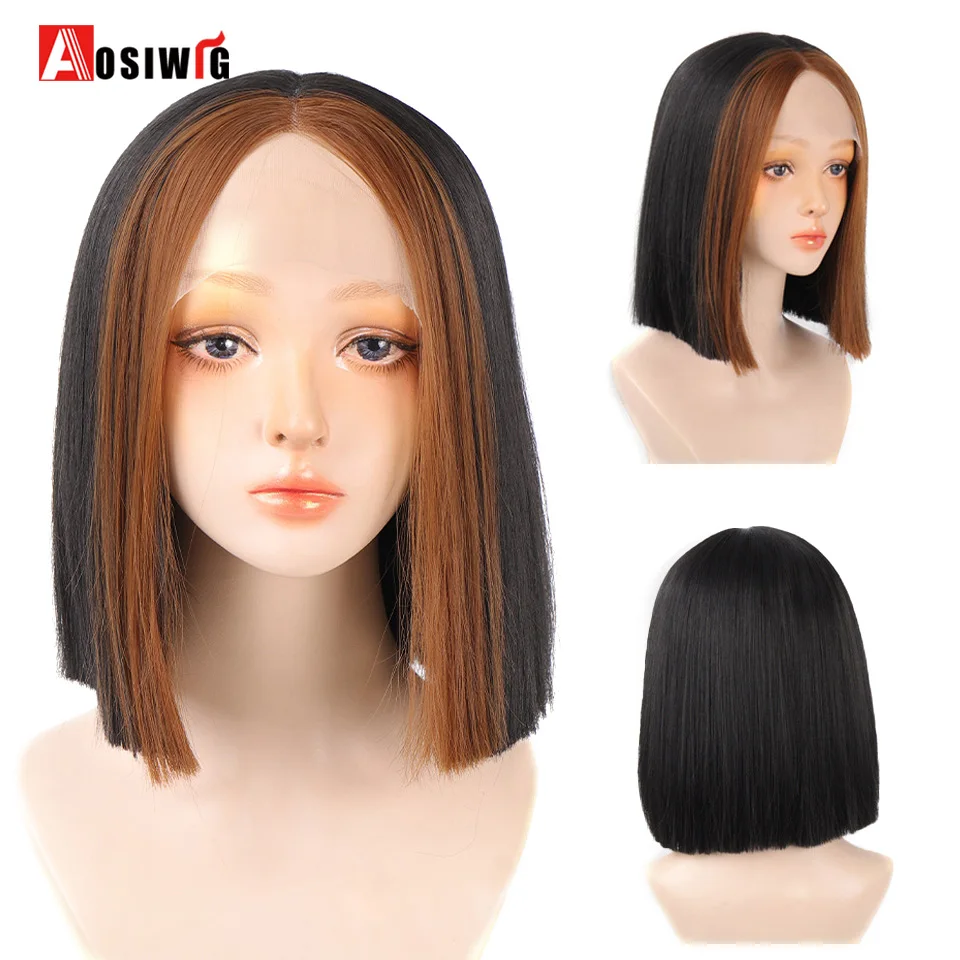 Фото AOSIWIG Short Straight Hair Bob Wig Lady Naturally Synthetic Heat-resistant Closed Lace Party Daily Wear | Шиньоны и парики