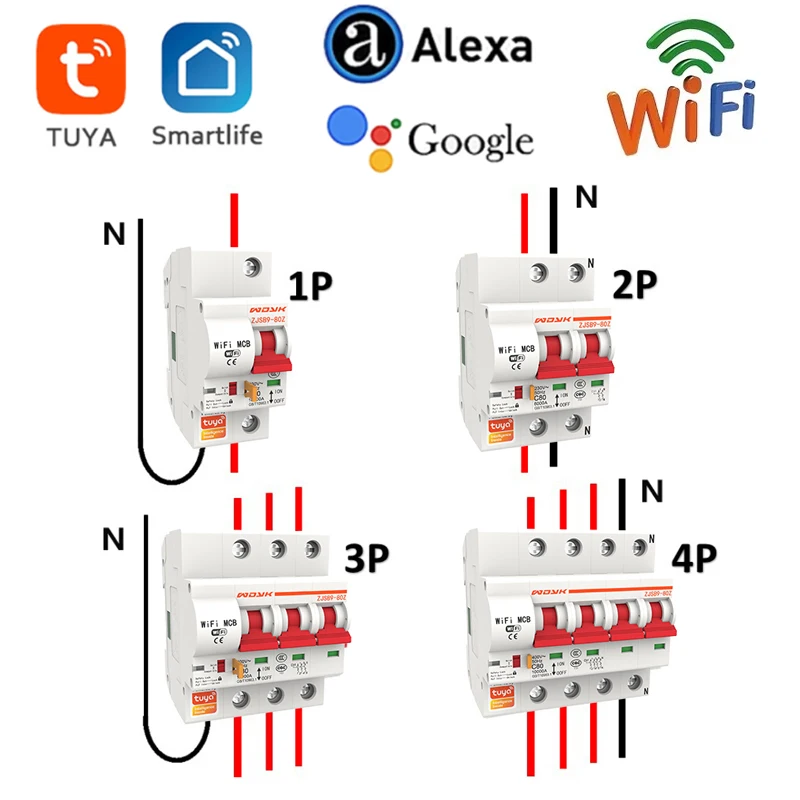 Умный автоматический выключатель Tuya Wi-Fi 1P/2P/3P/4P 16A-100A смарт-переключатель от