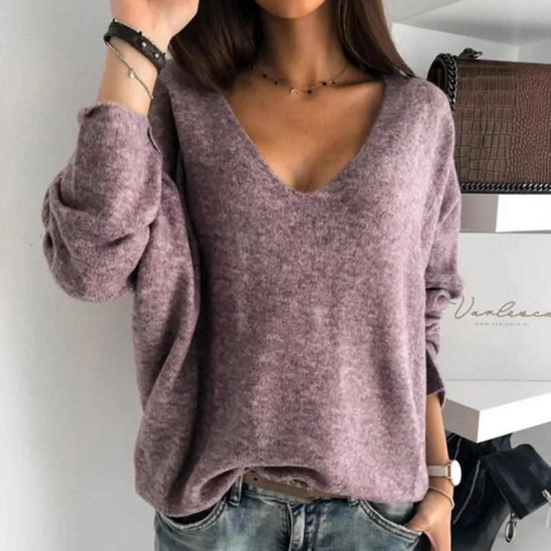 Sexy Women Sweater Low Cut Temperament Long Sleeve Solid Color V-neck Casual Simple | Женская одежда