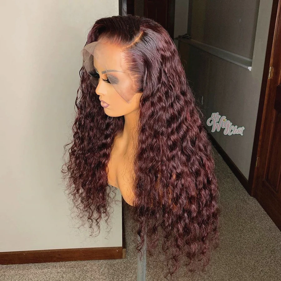 180 Density Red 99J Colored 13x4 Deep Curly Lace Front Human Hair Curly Wigs Full Soft  Preplucked With