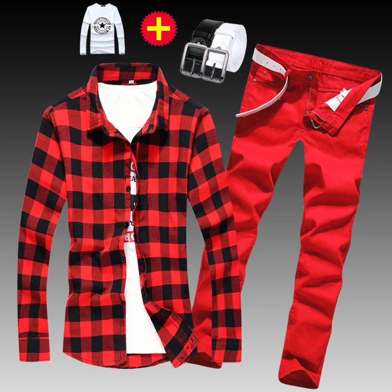 Spring Autumn Mens Checks Plaid Long Sleeve Cotton Shirts Jeans Pants 2pcs Set Casual Male Clothing Boys Shirt Trousers E35
Spring Autumn Mens Checks Plaid Long Sleeve Cotton Shirts Jeans Pants 2pcs Set Casual Male Clothing Boys Shirt Trousers E35