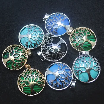 

5pcs tree metal pendants opal glass turquoise malachite black onyx sodalite tiger eye blue sand stone golden sand stone size 25m