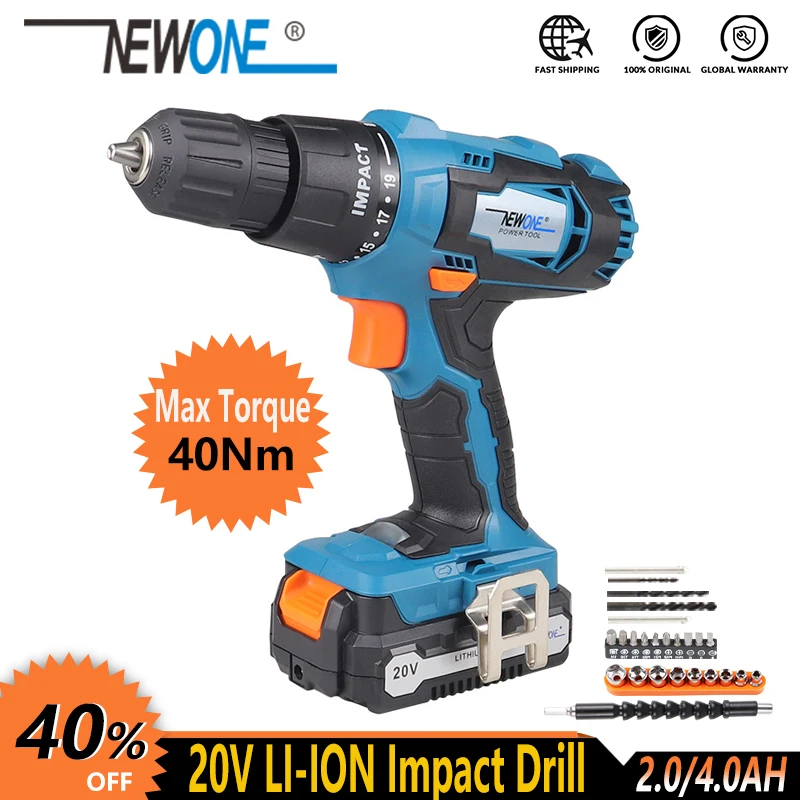 NEWONE Electric Power Tool 20V Li-ion Cordless Impact Drill/Screwdrive Rechargeable Drill Max. 40Nm torque with Big Battery
NEWONE Electric Power Tool 20V Li-ion Cordless Impact Drill/Screwdrive Rechargeable Drill Max. 40Nm torque with Big Battery