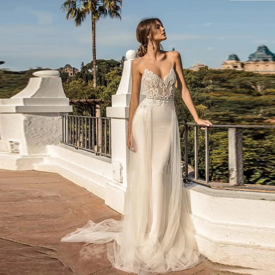 Elegant Mermaid Wedding Dress Spaghetti Strap V-Neck Sleeveless Lace Applique Removable Long Train Bridal Gown Vestidos De Novia
Elegant Mermaid Wedding Dress Spaghetti Strap V-Neck Sleeveless Lace Applique Removable Long Train Bridal Gown Vestidos De Novia