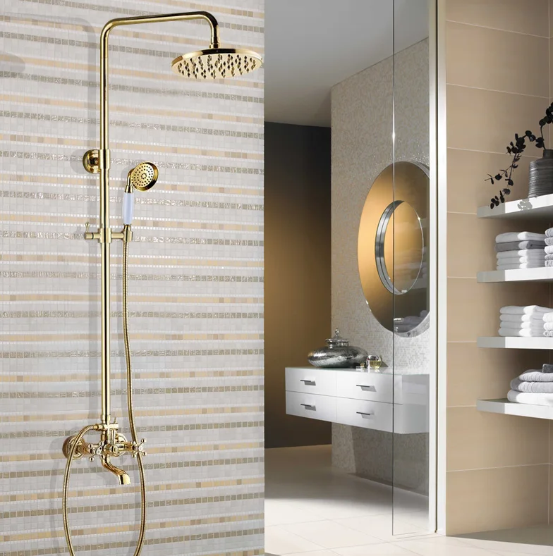 

Luxury Golden Bathroom Shower Mixer Taps Wall 8" Rainfall Bath Shower Faucet Set W/ Handshower Tub Spout zgf352