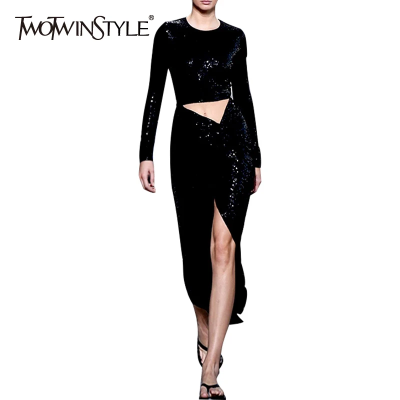 TWOTWINSTYLE Patchwork Sequin Two Piece Set For Women O Neck Long Sleeve Shirts Slim Split Skirts Women's Suits 2019 Fashion New
TWOTWINSTYLE Patchwork Sequin Two Piece Set For Women O Neck Long Sleeve Shirts Slim Split Skirts Women's Suits 2019 Fashion New
