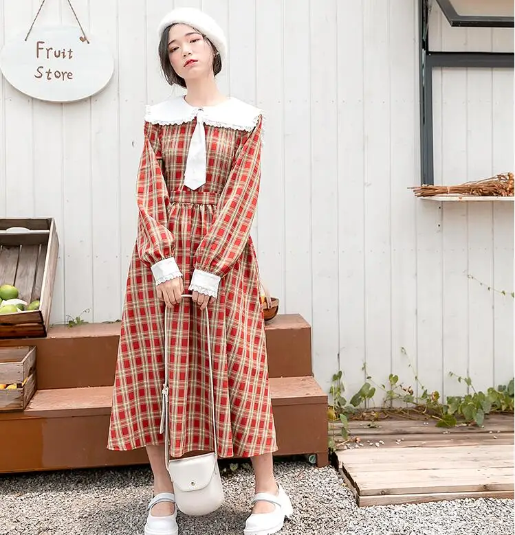 

Japanese college style sweet lolita dress vintage sailor collar lattice high waist victorian dress kawaii girl gothic lolita op