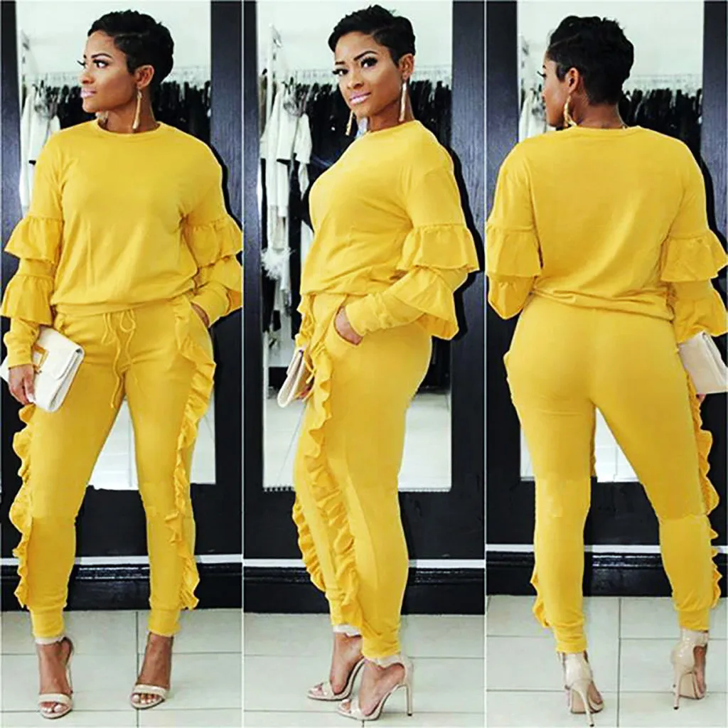 Fashion Women Polyester Running Set Long Sleeve Ruffle Splice Pocket Pullover Drawstring Pants Loose Tops Sets deporte#
Fashion Women Polyester Running Set Long Sleeve Ruffle Splice Pocket Pullover Drawstring Pants Loose Tops Sets deporte#
