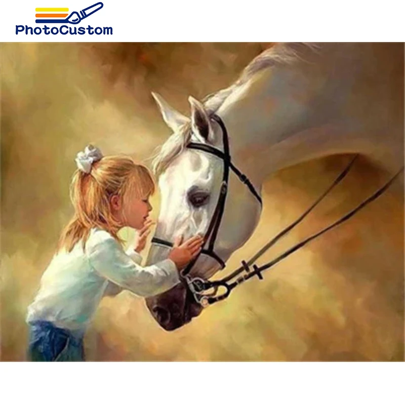 PhotoCustom 60x7 5 см Раскраска по номерам девушка и Белая лошадь DIY раскраска маслом на