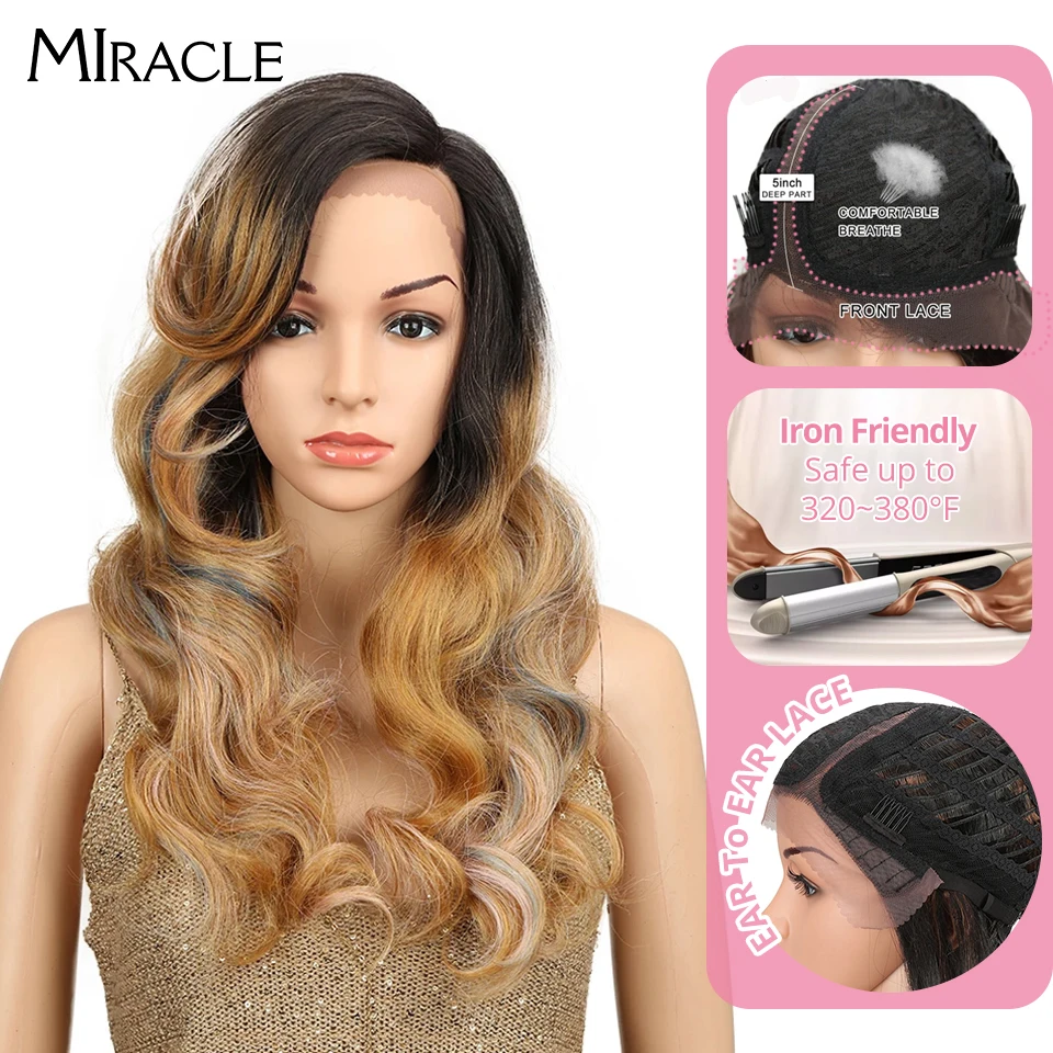 

Miracle Heat Resistant Synthetic Wigs For Women Natural Long Wavy Wig With Bangs 24"Ombre Hair Black To Brown 150% Heavy Density