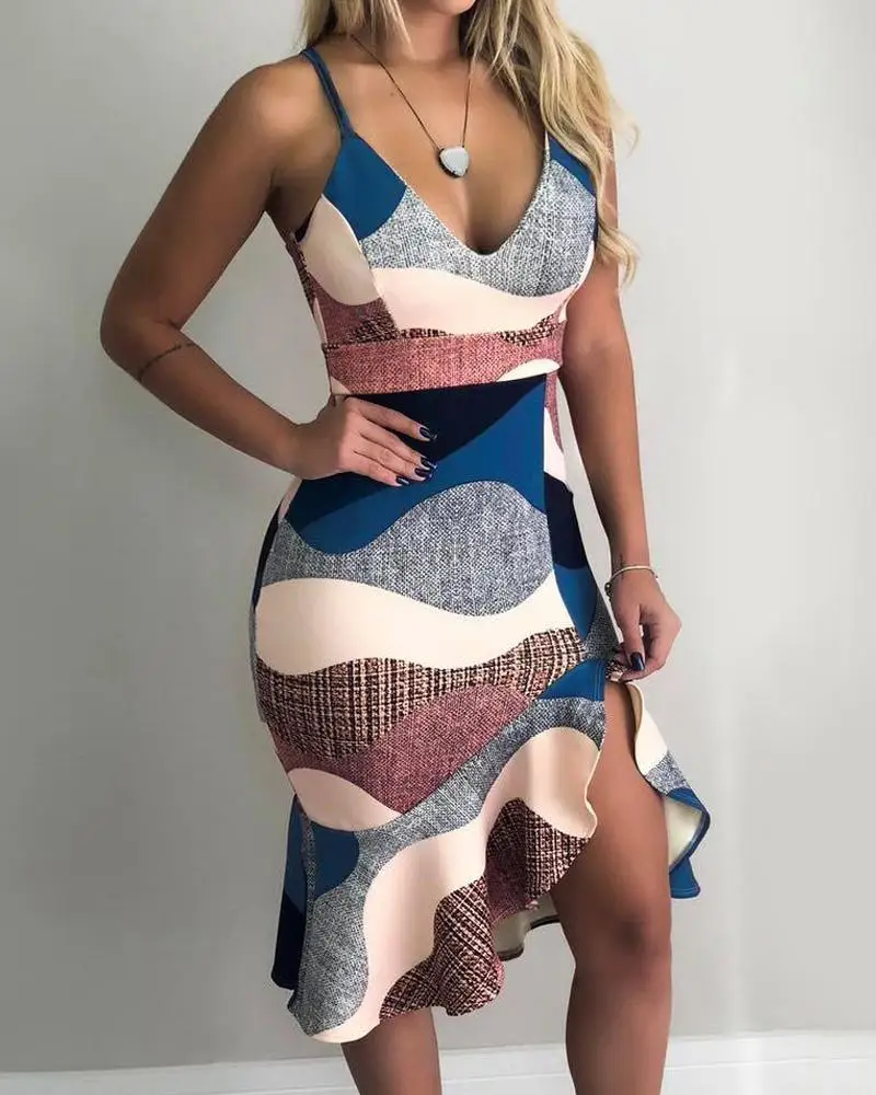 2020 Women Elegant Fashion Mini Party Dresses Female Stylish Colorblock Print Spaghetti Strap Ruffles Dress
2020 Women Elegant Fashion Mini Party Dresses Female Stylish Colorblock Print Spaghetti Strap Ruffles Dress