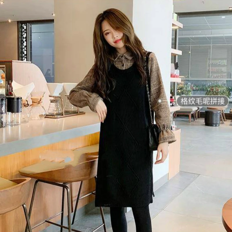 Women Autumn Long Sleeve Knitted Vest Dress Sweet Patchworking Fake Two-piece Dresses
Women Autumn Long Sleeve Knitted Vest Dress Sweet Patchworking Fake Two-piece Dresses
