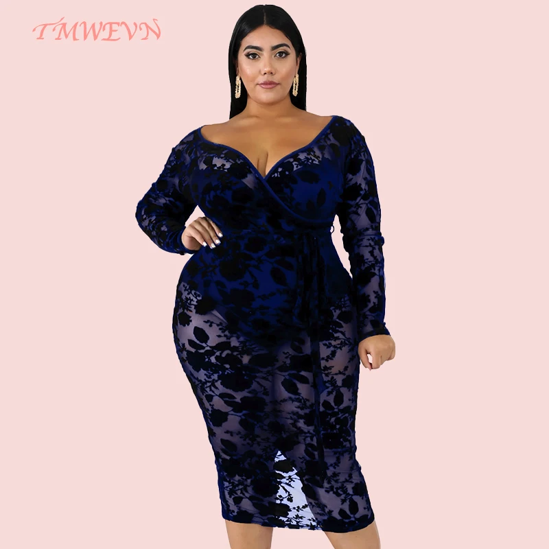 

TMWEVN Lace Dress Plus Size Black Sheath Bodycon Dress Women Sexy V-neck Long Sleeve Party Dress Vestidos (XL-6XL)