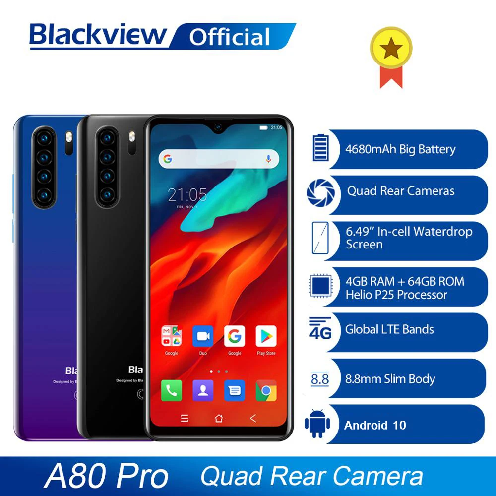 Глобальная версия Blackview A80 Pro Quad сзади Камера Octa Core 4 Гб + 64 ГБ Android 10 мобильный