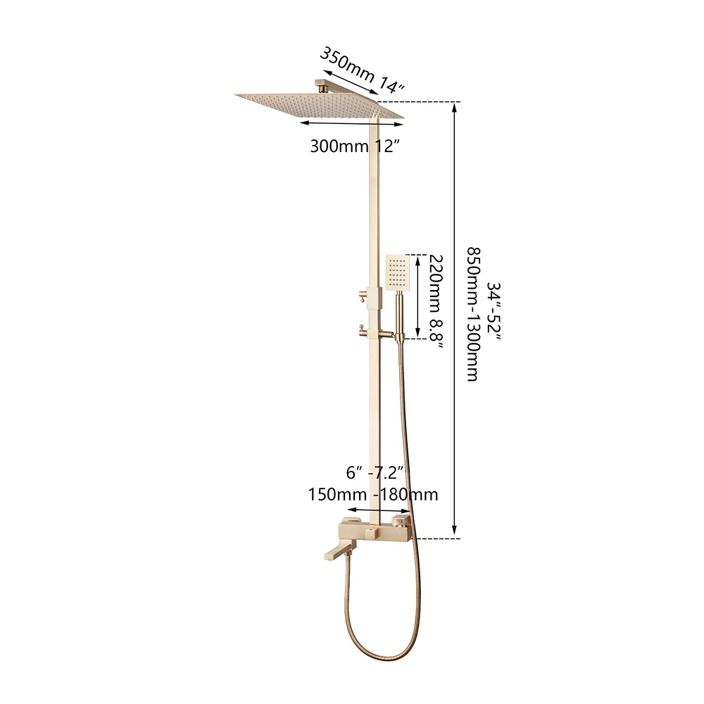 Description Picture 3 of itemYANKSMART Brushed Gold Bathroom Shower Faucet Set Rainfall 12" Square Head Hand Showers System Wall Mounted Mixer Water Tap