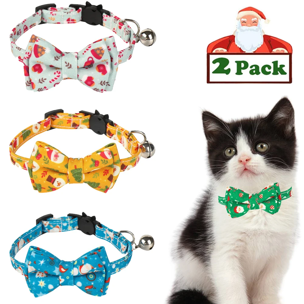

Cat Collar with Bow Tie Breakaway Christmas Tree Santa Claus Patterns Adjustable Safety Kitten Collars with Bell for Kitty Pets